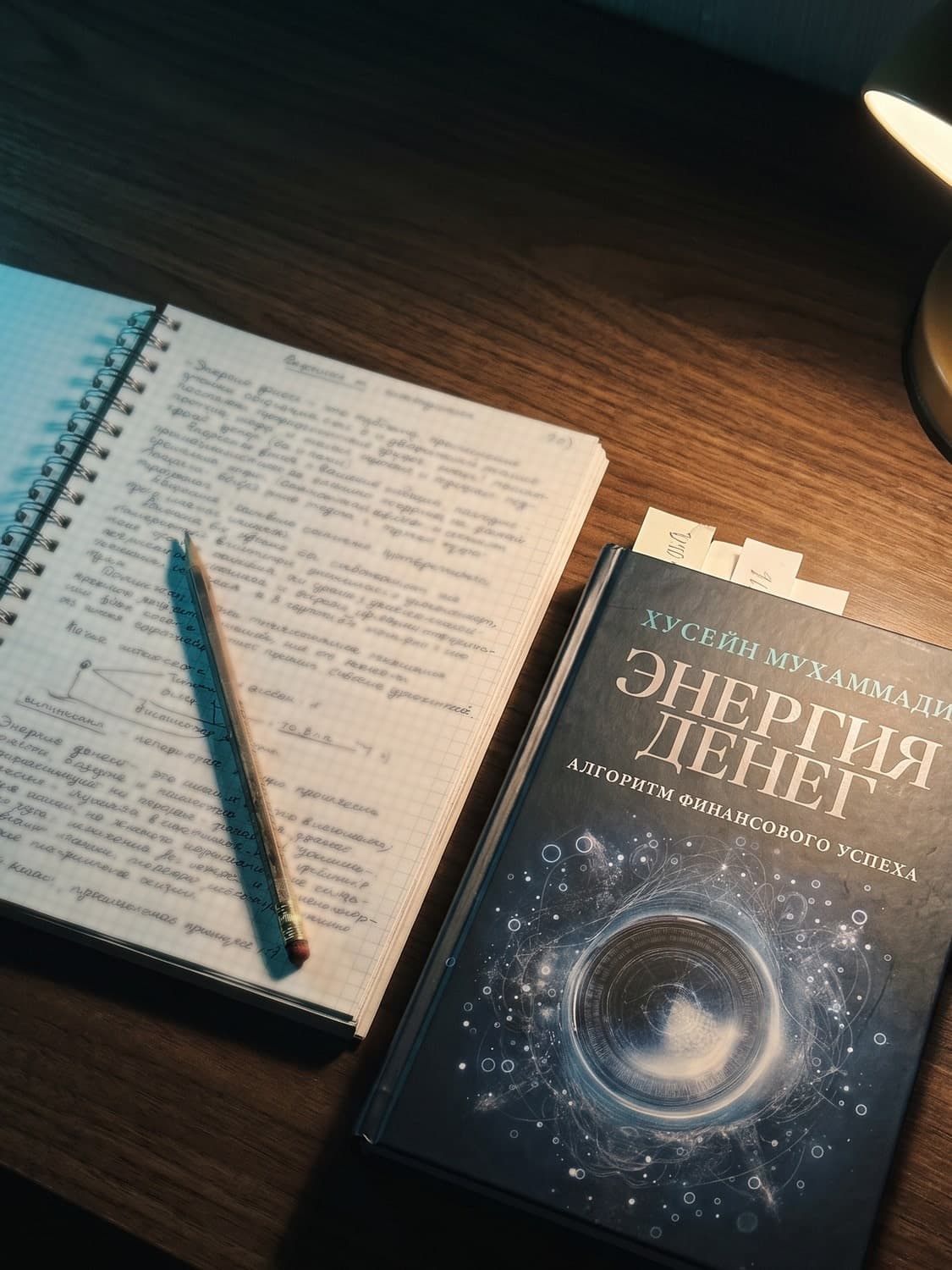 Раскрытая тетрадь с конспектом и книга «Энергия денег» с закладками на столе под лампой