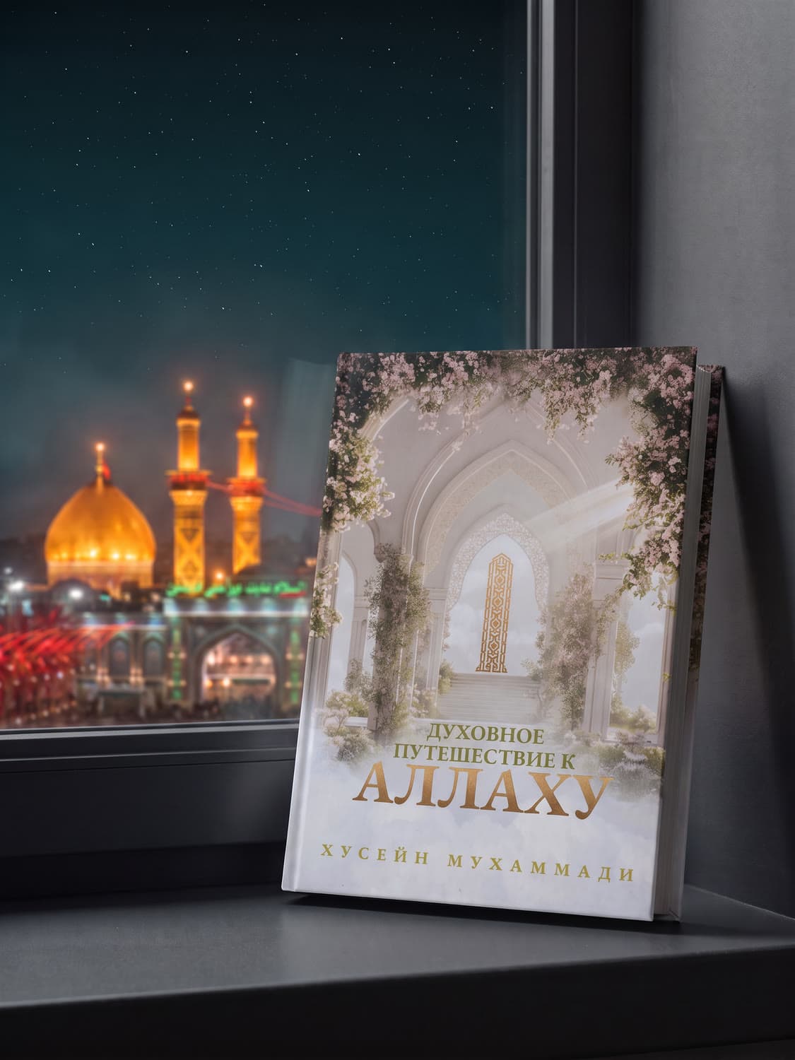 Книга «Духовное путешествие к Аллаху» у ночного окна; вдали светится харам Имама Хусейна (да будет мир с ним)