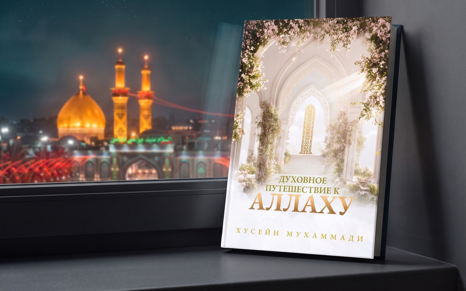 Книга «Духовное путешествие к Аллаху» у ночного окна, за стеклом — свет харама